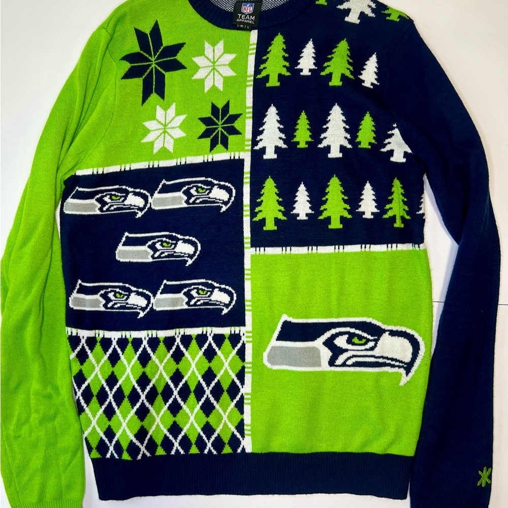Seattle Seahawks Green and Blue Men's Ugly Sweater Size L (USED)